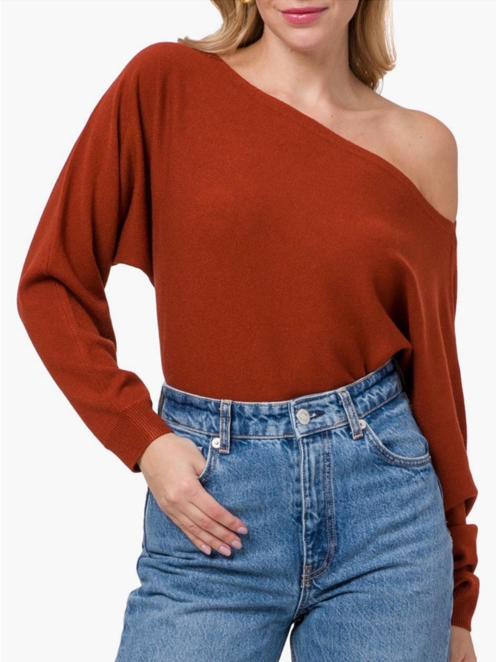 Wayf Rust Off-the-Shoulder Knit Sweater